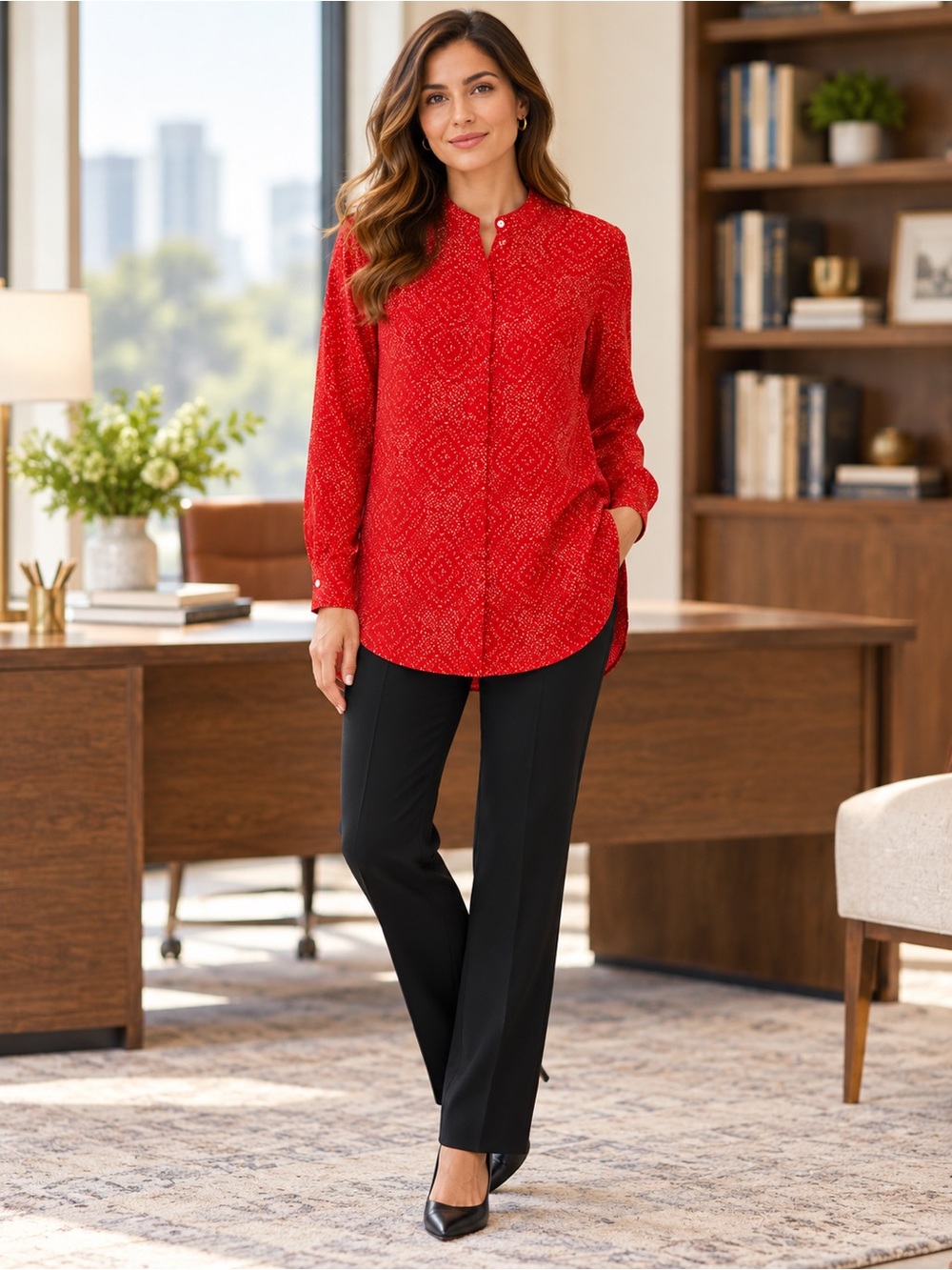 Lauren Ralph Lauren Red Printed Button-Down Tunic Blouse #15CL